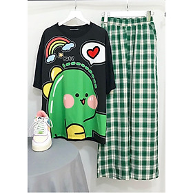 Đồ bộ nữ quần caro kate ống rộng Klong Cute phối áo thun tay lỡ Freesize Molly Urban