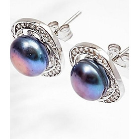 Bông Tai Halo Ngọc Trai Đen 8MM Bạc Italy