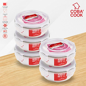 Bộ 5 hộp thủy tinh hộp đựng cơm trữ thức ăn thực phẩm trong tủ lạnh chịu nhiệt COBA'COOK 400ml- CCR45