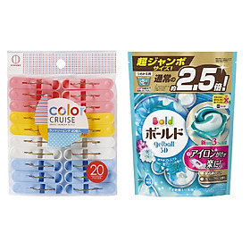 Combo Set 20 kẹp quần áo màu sắc + Túi 44 viên giặt 3D Gelball diệt khuẩn (2 trong 1) - Nội địa Nhật Bản
