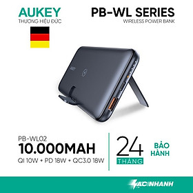 Sạc Dự Phòng Aukey PB-WL02 10.000 mAh, Sạc Nhanh PD 18W, QC 3.0, Sạc Không Dây Qi 10W, Tích Hợp Giá Đỡ - Hàng Chính Hãng