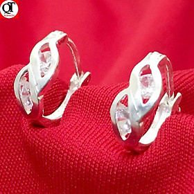 Bông tai nữ Bạc Quang Thản kiểu khuyên gắn đá cobic màu trắng đeo sát tai, chất liệu bạc thật không xi mạ.