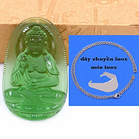Mặt Phật A di đà 5 cm (size XL) thuỷ tinh xanh lá kèm móc và dây chuyền inox, Mặt Phật bản mệnh