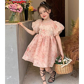Đầm váy babydoll tay phồng cho bé gái màu hồng diện đi chơi đi học du lịch đẹp size 12-35kg hàng thiết kế