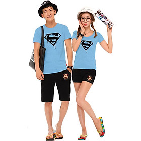 Bộ Áo Thun Đôi Nam Nữ Siêu Nhân Màu Xanh Biển