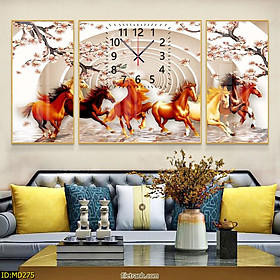 Đồng Hồ Trang Trí Bộ 3 Bức Tám Con Ngựa Phi Tài Lộc, Vượng Khí Cho Gia Chủ - Tranh Đồng Hồ Cho Người Tuổi Ngọ Phong Thủy