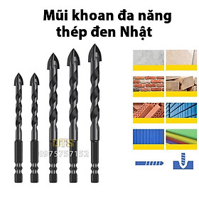 Mũi khoan đa năng chân lục giác 4 cạnh thép đen Nhật 12, 10, 8, 6 mm khoan sắt, khoan kính thủy tinh, gạch men đá gốm