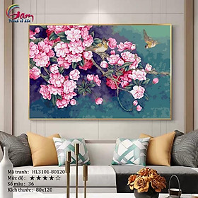 Tranh tô màu theo số hoa và chim mùa xuân khổ lớn HL3101 trang trí treo tường 80x120cm không khung