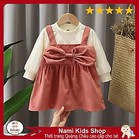 Váy giả yếm nơ ngực dễ thương cho bé chất cotton phối thô lụa hàng Quảng Châu cao cấp