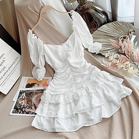 Váy Đầm Nữ Đầm Trắng Nhún Thân Rút DâyBody Cổ Vuông Tay Phồng Phong Cách Trẻ Trung Năng Động