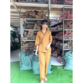 Đồ đi chùa, thời trang nữ đồ lam đơn giản trơn không thêu phối đính nút