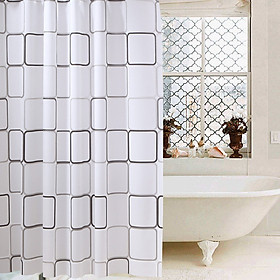 Rèm phòng tắm họa tiết vuông gam màu trắng, kèm theo móc, chống thấm HT718 - 150-180cm