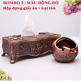 Combo (Hộp đựng giấy ăn+Gạt tàn+Lọ tăm+Hũ đựng trà )phong cách hoàng gia cổ điển cao cấp để bàn mạ màu đồng hoa in nổi