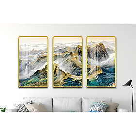Tranh bộ 3 Bức - Tranh treo phòng khách-Tranh treo tường Vạn Lý Trường Thành ST7 /Gỗ MDF cao cấp phủ kim sa/ Chống ẩm mốc, mối mọt/Bo viền góc tròn