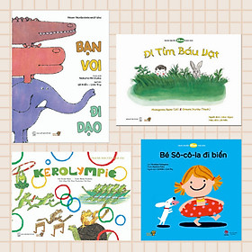 Combo 4 cuốn Ehon với chủ đề "Bé hào hứng". Bao gồm: Bạn Voi đi dạo, Đi tìm báu vật, Đại hội thể thao Kerolympic, Bé Socola đi biển.
