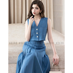 Set áo váy gile xanh xếp ly NGADO, set áo váy Nữ , set công sở , set áo váy midi