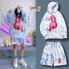 Set Áo Hoodie 3D In Hình Unisex Dáng Rộng Kèm Quần Short - Set Bộ Hoodie Loang Màu - MM