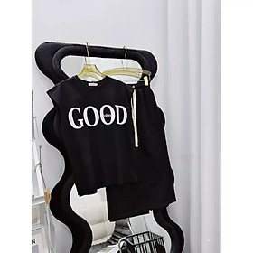 Bộ Áo Tanktop In Chữ Good Nữ Kèm Chân Váy Suông Dây Rút Dáng Dài Vải Cotton 3 Màu