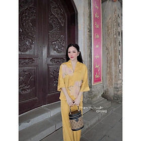 Bộ Đi Lễ Chùa - Đồ Lam Nữ Đi Chùa Đẹp Cao Cấp Trang Nhã Vải Lụa Hoa Nổi 2021 Dành Cho Phật Tử AL002