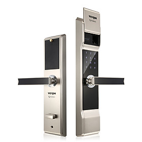 Khóa cửa điện tử VICKINI 39812.001 MSN ken xước mờ. Mở bằng Vân tay, mật mã, thẻ từ, chìa cơ. Hàng chính hãng
