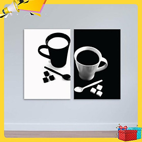 Bộ 2 tranh tách cà phê trắng đen| Tranh trang trí quán cà phê đơn giản W1723