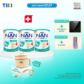 Bộ 3 Lon Sữa bột Nestlé NAN OPTIPRO PLUS 4 1500g/lon Giúp tiêu hóa tốt + Tăng cường đề kháng (2 - 6 tuổi) - Tặng Nồi lẩu điện A2
