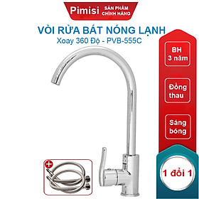 Mua Vòi rửa bát nóng lạnh Pimisi đồng thau mạ xi Cr/Ni sáng bóng kiểu tròn điều chỉnh nhiệt độ bằng tay gật gù - kèm 2 sợi dây cấp nước dùng cho chậu rửa bát 1-2-3 hố trong nhà bếp - vòi nước rửa chén gắn chậu âm dương bàn đá quay 360 độ tăng áp | Chính hãng