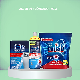 Viên rửa bát finish All in one 90 viên+Dung dịch nước làm bóng finish 750ml+Muối rửa bát chén finish 1.2kg cho Máy rửa bát