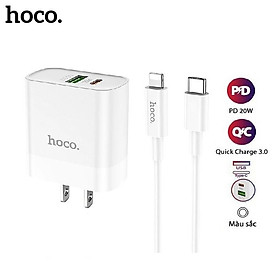 Bộ Sạc Nhanh Cho Iphone PD20W Hoco C80/C80A Plus 2 cổng Usb và Type-C kèm dây sạc Type-C sang iPhone 1M Sạc 0-50% Pin trong 30 phút - Hàng chính hãng - Bộ Sạc Hoco C80 Chân Dẹt
