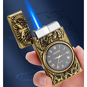 Vỏ Hột Quẹt Bật Lửa Gas HF602 Khò 1 Tia Hình Rồng Vàng Kiêm Đồng Hồ La Mã