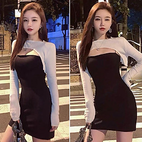 Set đầm body 2 dây sợi bún kèm áo khoác kiểu dài tay mẫu mới thời trang cá tính