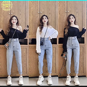 Quần baggy jean nữ lưng cao đan dây, mẫu mới thuydieushop96 bg1