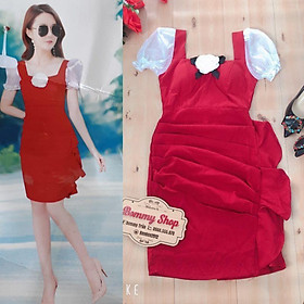Đầm body tay phối voan bo phồng eo nhúng bèo cổ cài hoa Cao Cấp