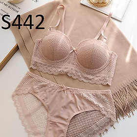 Bộ Đồ Lót Ren Quả Ngang Nâng Ngực Có Gọng Chống Tụt Tháo Được Dây S442
