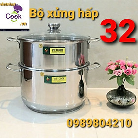 Mua Bộ nồi xửng hấp inox  xửng hấp inox 2 tầng 3 đáy nắp kính nắp inox VietCook đun bếp từ size 32/chõ hấp đồ xôi