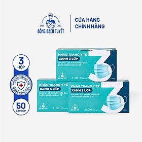 Combo 3 Hộp Khẩu trang Bông Bạch Tuyết 3 lớp xanh 50 cái hộp