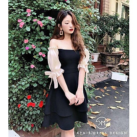 Đầm xoè Tiểu Thư 2 tầng phối tay voan cột nơ