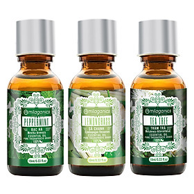 Combo 3 Tinh Dầu Milaganics: Tinh Dầu Sả Chanh (10ml) + Tinh Dầu Bạc Hà (10ml) + Tinh Dầu Tràm Trà Nguyên Chất (10ml)