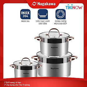 Bộ 3 Nồi Inox 304 Đáy Từ 5 Đáy Nagakawa NAG1352 (16cm, 20cm, 24cm) - Hàng Chính Hãng