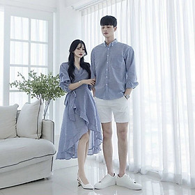 Set áo đôi đồ cặp tình nhân áo sơ mi nam đầm đuôi cá nữ dài kẻ sọc phong cách Hàn Quốc dùng đi biển đi chơi chụp hình cưới hàng cao cấp - Smice House