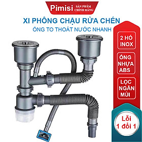 Xi Phông Chậu Rửa Chén Bát 2 Hốc Phi 110 Pimisi Cao Cấp Đầu Bầu Inox 304 - Dùng Để Xả Thải Nước Chậu Rửa Bát Đôi Dập Đúc Loại Ống Thải Nước To Bằng Nhựa Chun Uốn, Bầu Chống Mùi Hôi Và Giảm Dầu Mỡ Xuống Ống Dẫn - Có Đầu Thoát Tràn | Hàng Chính Hãng