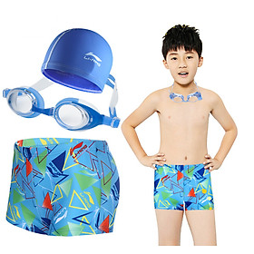 Li Ning LI-NING children's swimwear boys swim trunks suit baby boxer swim trunks goggles swimming cap three-piece suit 503 blue suit 12