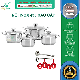 Bộ nồi inox FIVESTAR FSB5004 nắp kính 4 chiếc 3 đáy bếp từ , inox 430 dùng được bếp từ , hồng ngoại , gas