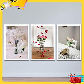 Bộ 3 tranh tĩnh vật “Hoa hồng và hoa baby” | Tranh treo tường hoa lá W3395