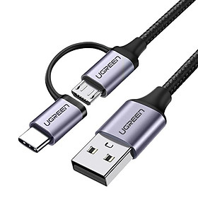 cáp USB A ra Micro + Type C màu đen dây bện dù đầu bọc nhôm Ugreen 177UB30875US 1m hàng chính hãng