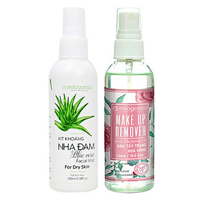 Bộ Đôi Làm Sạch Và Dưỡng Da Trắng Mịn: Dầu Tẩy Trang Hoa Hồng Và Xịt Khoáng Nha Đam Milaganics (100ml/Chai)