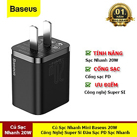 Củ Sạc Nhanh Mini Baseus 20W, Công Nghệ Super Si Đầu Sạc PD Cho Điện Thoại - Hàng Chính Hãng Baseus