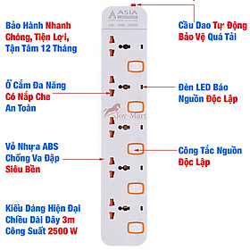 Ổ Cắm Điện Đa Năng Thông Minh Cao Cấp ASIA Chịu Tải 2500W An Toàn Chống Giật Có Cổng USB 5V Sạc Nhanh Dây 3m 5m