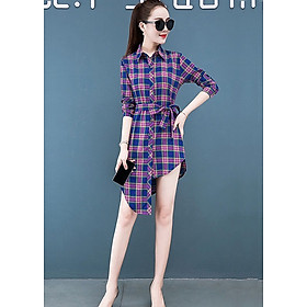 Đầm suông cổ sơ mi, đầm kẻ caro màu tím tà lệch Haint Boutique da91