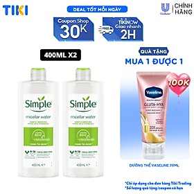 Combo 2 Nước tẩy trang Simple Micellar làm sạch 99% trang điểm, cho da thoáng mịn tức thì 400ml x2